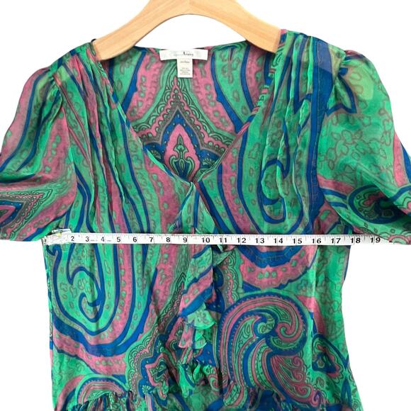 Anthropologie Trinity Blouse M Green Silk Paisley Sheer Ruffle Forest Fairy Top - Picture 5 of 13
